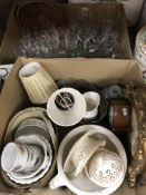 Two boxes of sundry china and glassware to include a Royal Creamware chestnut basket and plate