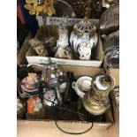 Four boxes of sundry decorative china etc to include resin figure of an Egyptian,