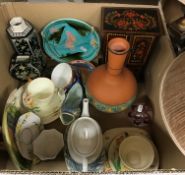 A box containing assorted decorative china and glass to include an Art Nouveau style lily decorated