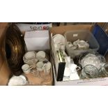 Two boxes of sundry household china and glassware to include various coffee cups,