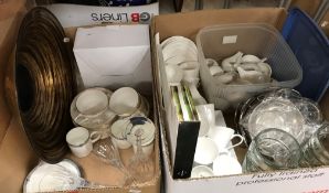 Two boxes of sundry household china and glassware to include various coffee cups,