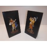 A pair of Florentine Pietra Dura bookends as a figure playing a mandolin and another drinking wine