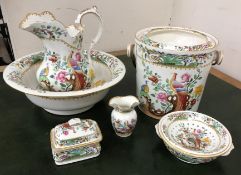 A Copeland Spode toilet set comprising wash jug and bowl, slop bucket,