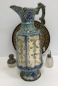 A collection of various china and glass and metal wares including a copper haystack measure,