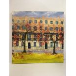 KATHERINE DOVE "Cheltenham street scene with pink bike and autumnal trees in foreground" oil on