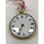 An 18 ct gold cased ladies pocket watch, the white enamel dial set with Roman numerals,