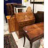 A modern mahogany fold over tea table in the Regency style, a yew wood bureau,