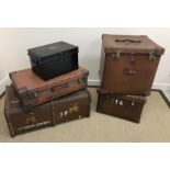 A collection of five various vintage suitcases and trunks,
