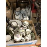 Six boxes of assorted decorated china and tea wares etc to include a Royal Doulton Reflection part