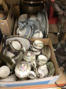 Six boxes of assorted decorated china and tea wares etc to include a Royal Doulton Reflection part