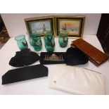 A box containing assorted handbags, a set of six green glass tumblers,