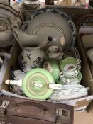 Five boxes of assorted china and glassware to include an Aldertons green and gilt decorated part