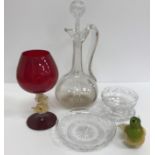 A collection of various cut and other glassware including a pair of ship's decanters and stoppers