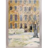 KATHERINE DOVE "Cheltenham houses in snow with dog and bike in foreground" oil on canvas,