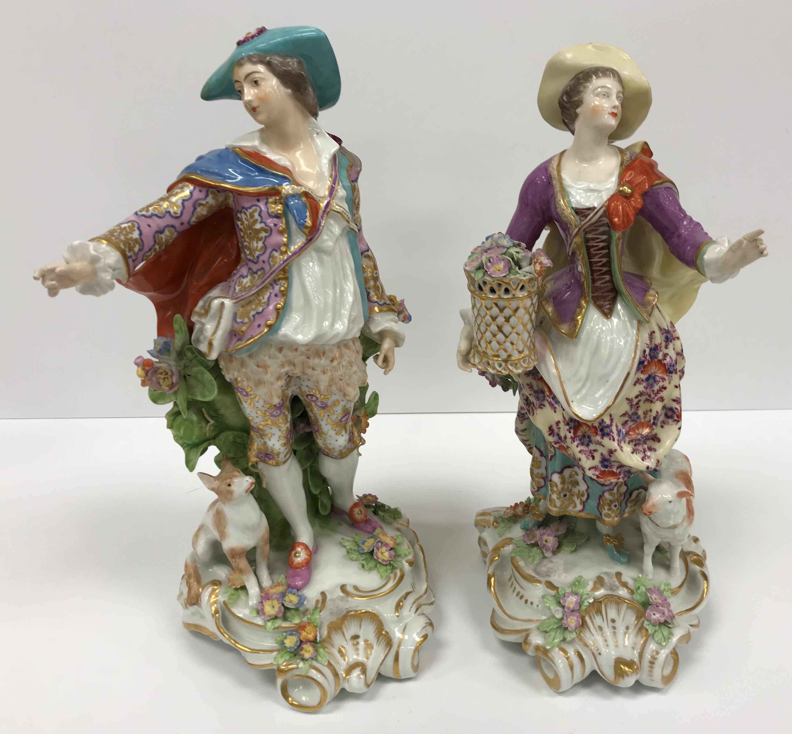 A pair of Sampson figures in 18th Century dress, he with a dog at his side, - Image 3 of 3