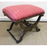 A Victorian black lacquered and gilt decorated X frame dressing stool with upholstered seat 53.