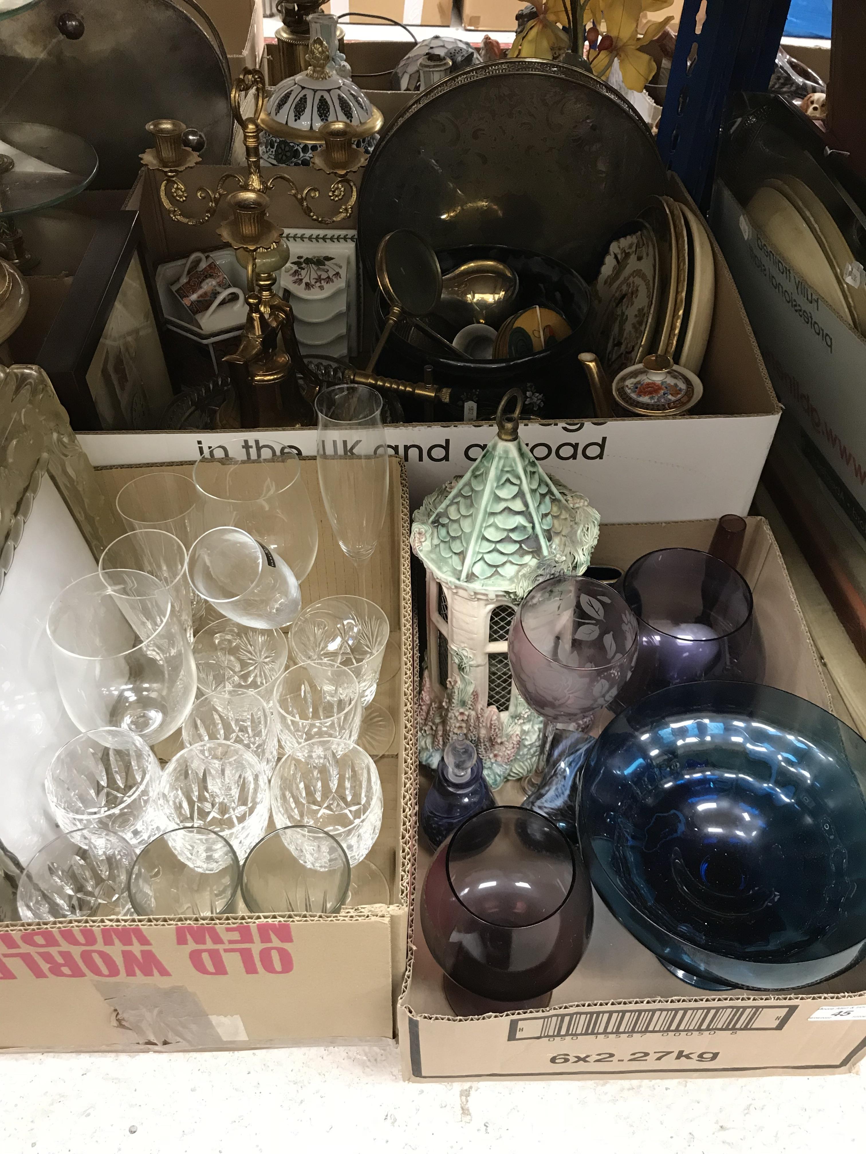 Four boxes of sundry decorative china and glassware to include various Wedgwood Hathaway Rose