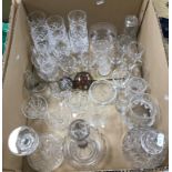 A collection of various glassware to include a set of five conical cut glass sherries and matching