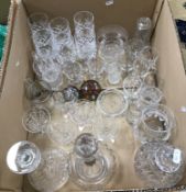 A collection of various glassware to include a set of five conical cut glass sherries and matching