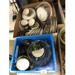 Two boxes of china ware to include an Apilco set of coffee cups and milk jug,