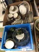 Two boxes of china ware to include an Apilco set of coffee cups and milk jug,