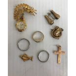 A collection of gold etc to include 9 carat gold Rotary watch on leaf brooch, a signet ring,