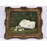 BERNARD FLATFORD "Swan with cygnets and egg", study of birds in landscape, oil on canvas,