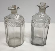 A pair of late 18th Century faceted and wrythen cut decanters and stoppers the scalloped rims with