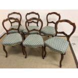 A set of six Victorian walnut framed and carved dining chairs with upholstered seats on cabriole