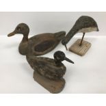 A 19th Century carved decoy duck with painted decoration 28 cm long together with two further