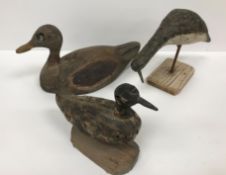 A 19th Century carved decoy duck with painted decoration 28 cm long together with two further