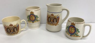 Two boxes containing assorted commemorative wares comprising mugs, beakers, jugs,