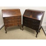 A 20th Century mahogany and cross banded bureau of three long drawers on cabriole legs to pad feet