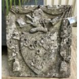 A carved stone panel depicting lion above shield purportedly from a Scottish castle,