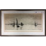 AFTER WILLIAM LIONEL WYLLIE "Fishing boats off coast", black and white etching,