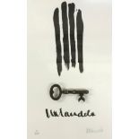 A framed and glazed black and white lithograph with replica of Nelson Mandela's Key at Robin Island,
