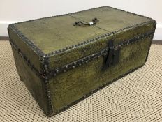 An early 19th Century studded and painted trunk with iron fittings,