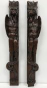 A pair of 17th Century French carved oak stiles as gryhons 72 cm long CONDITION REPORTS