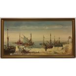 JORGE AGUILAR AGON "Coastal scene with fishing boats", oil, signed lower right,