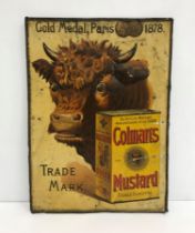 A rare vintage Colman's Mustard sign bearing bulls head and mustard tin and inscribed "Gold Medal,