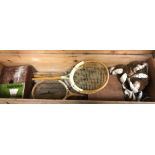 A pine box inscribed "The Special Club badminton set, Lillywhites,