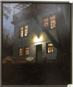 HARRY W STEEN "Back of house", study of a cottage exterior at night with figure peering from window,