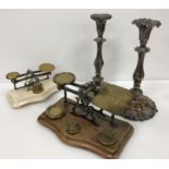 A collection of metal wares etc to include a set of postal scales on a wooden serpentine base with
