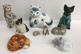 A collection of cat ornaments to include a Rye Pottery cat, signed "David Sharp Rye Rye England",