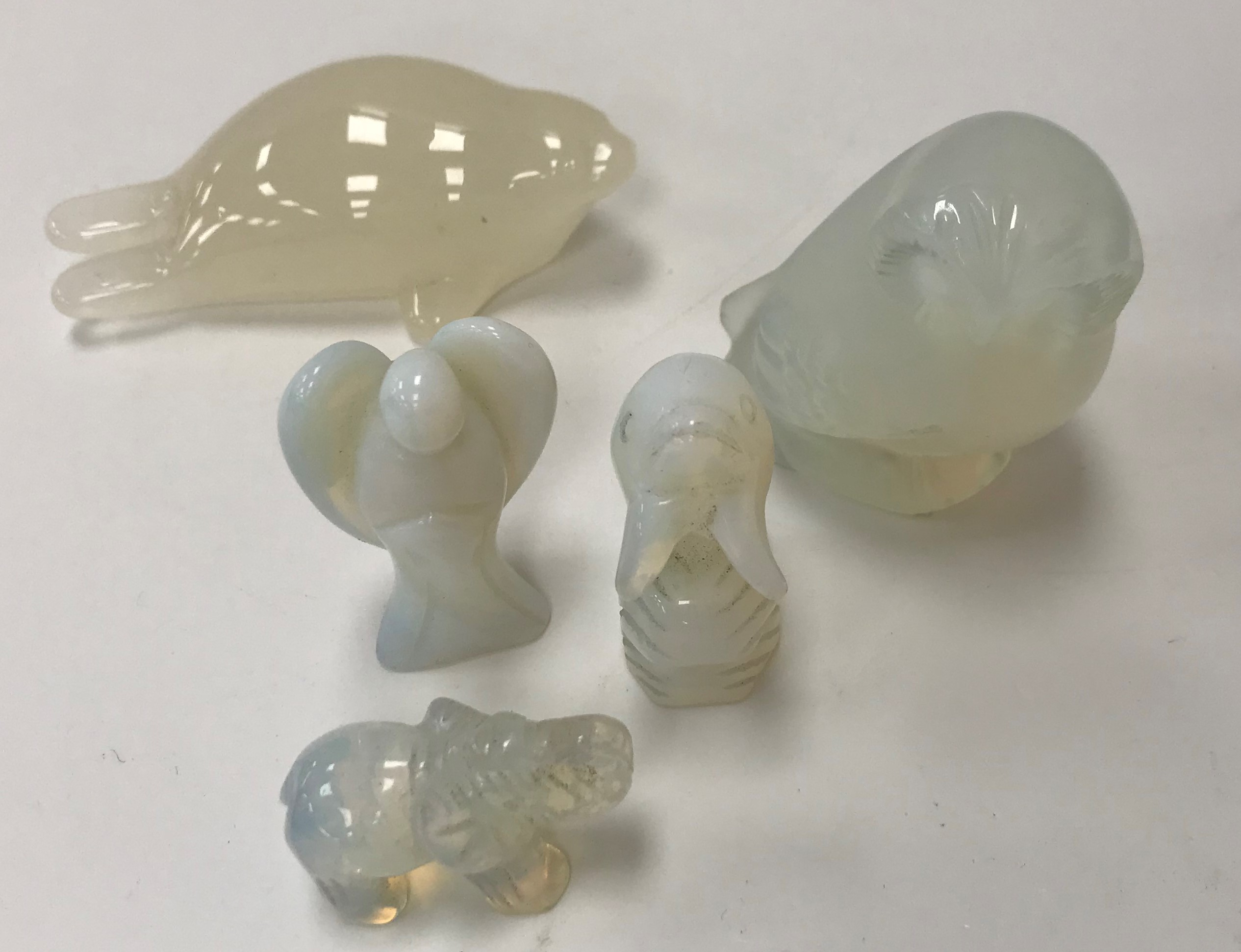 A collection of five various opalescent / milk glass figures including Lalique "Owl", 5.