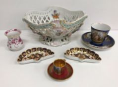 A collection of china to include a Meissen waisted vase of small proportions with puce and gilt