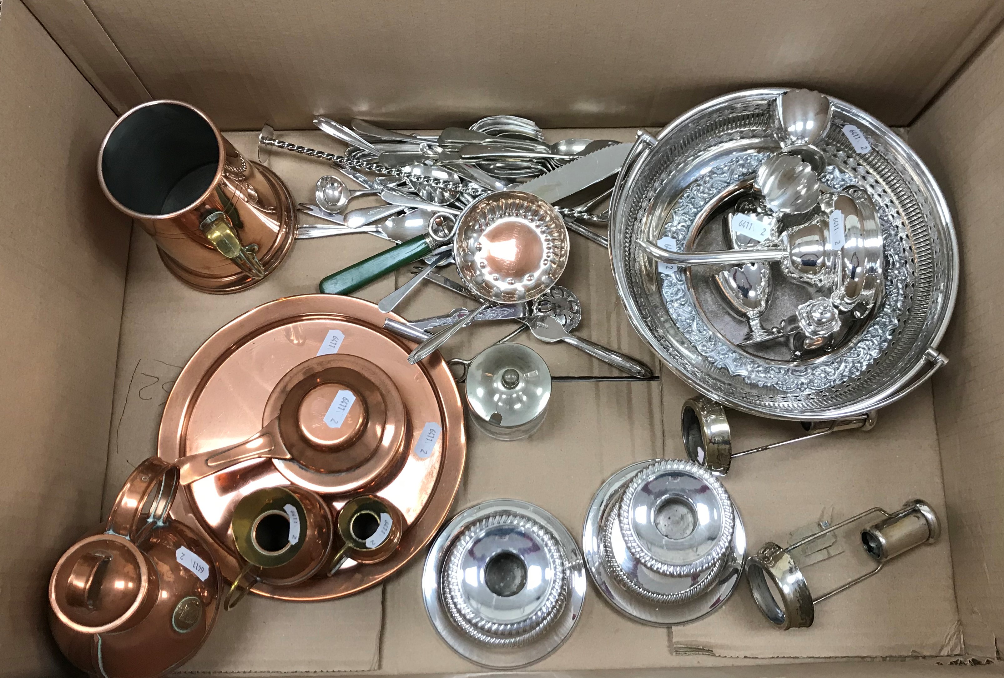 A box containing assorted plated and copper wares to include candlesticks, tastevin, cutlery, - Image 2 of 2