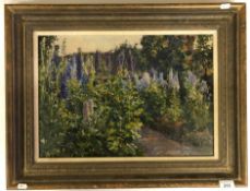 HERBERT ARNOULD OLIVIER (1861-1952) "Garden scene with delphiniums", oil on board,