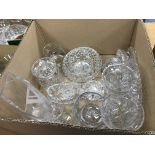 Four boxes of assorted glass to include various cut glass vases and bowls, assorted drinking ware,