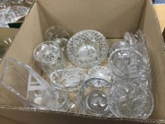 Four boxes of assorted glass to include various cut glass vases and bowls, assorted drinking ware,